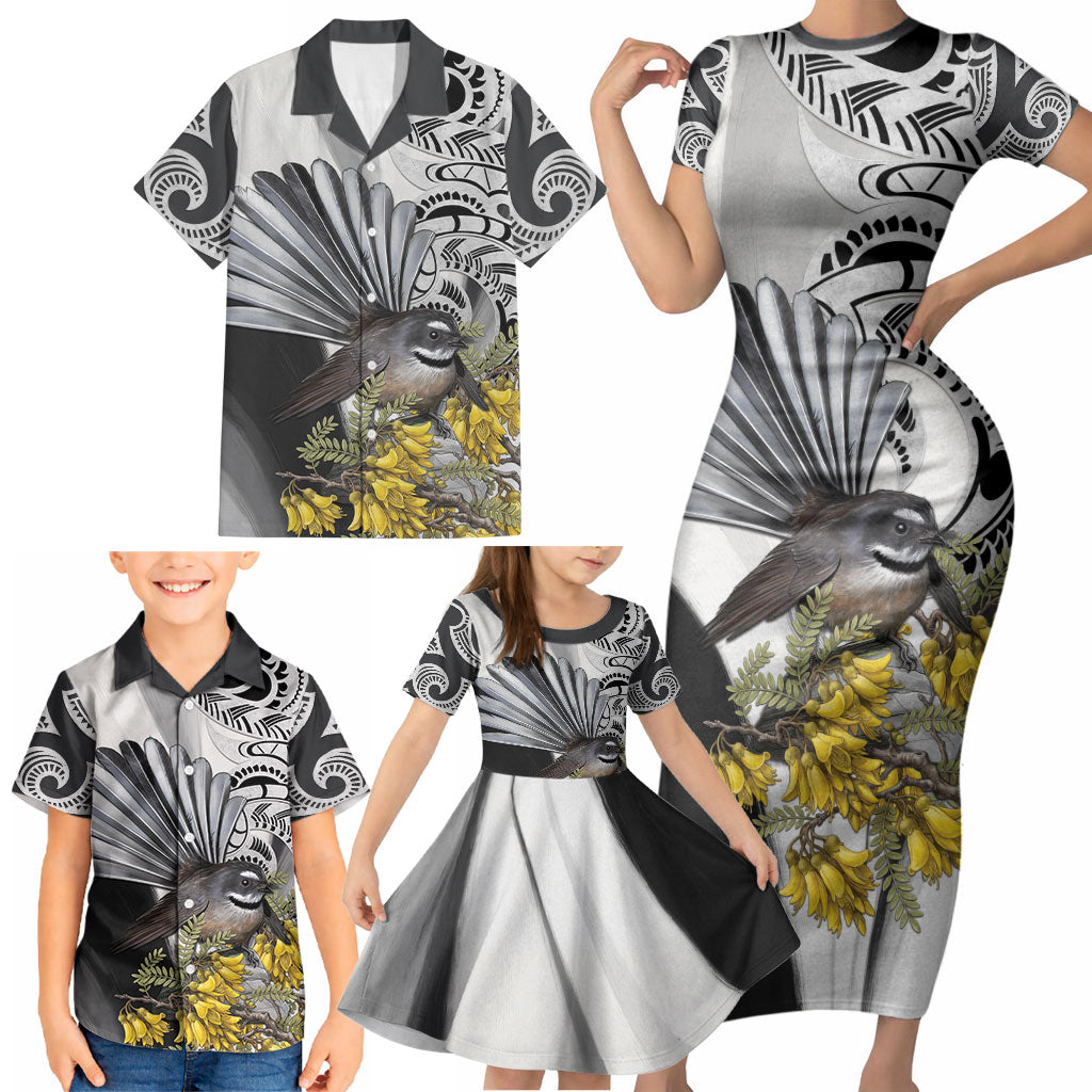 New Zealand Fantail Bird Family Matching Short Sleeve Bodycon Dress and Hawaiian Shirt Maori Piwakawaka Kowhai Maori Pattern