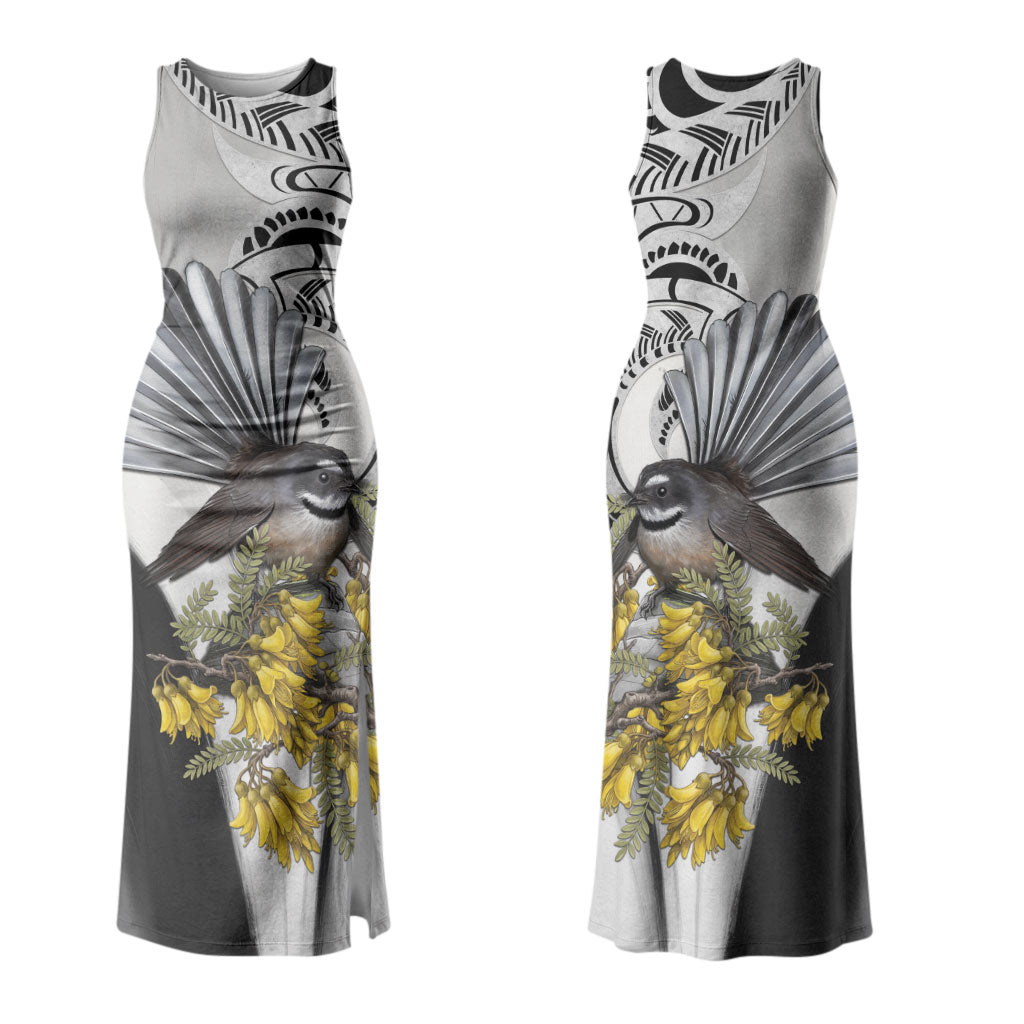 New Zealand Fantail Bird Family Matching Tank Maxi Dress and Hawaiian Shirt Maori Piwakawaka Kowhai Maori Pattern