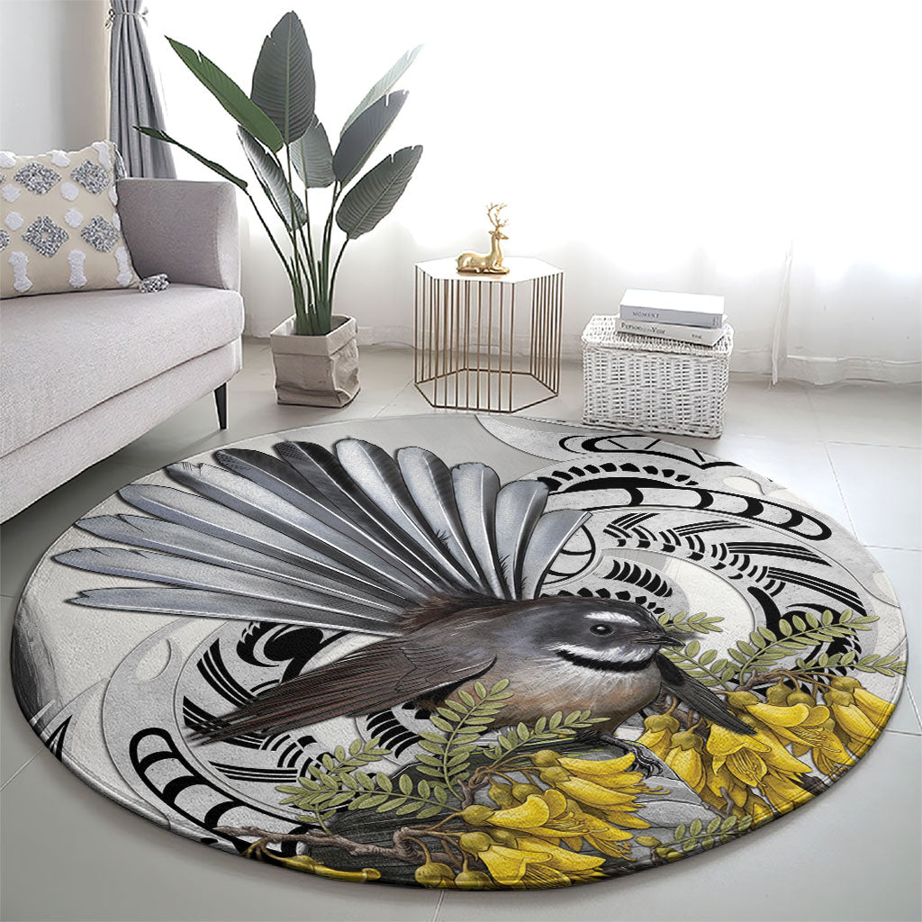 New Zealand Fantail Bird Round Carpet Maori Piwakawaka Kowhai Maori Pattern