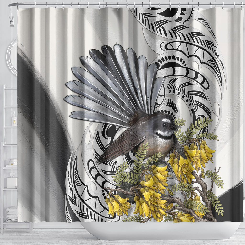 New Zealand Fantail Bird Shower Curtain Maori Piwakawaka Kowhai Maori Pattern