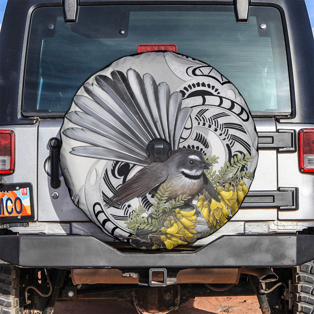 New Zealand Fantail Bird Spare Tire Cover Maori Piwakawaka Kowhai Maori Pattern
