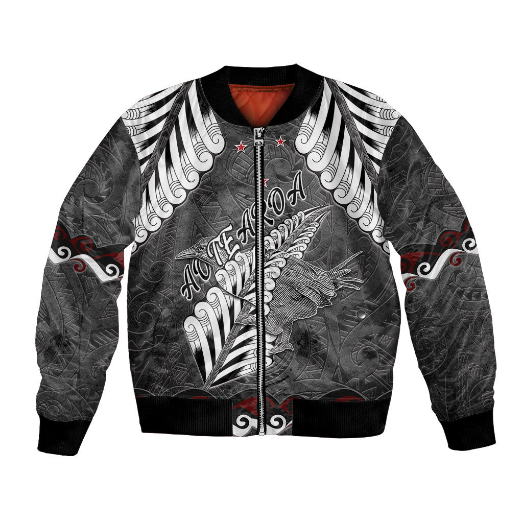 New Zealand Weka Personalised Bomber Jacket Aotearoa Hen Silver Fern Maori Pattern