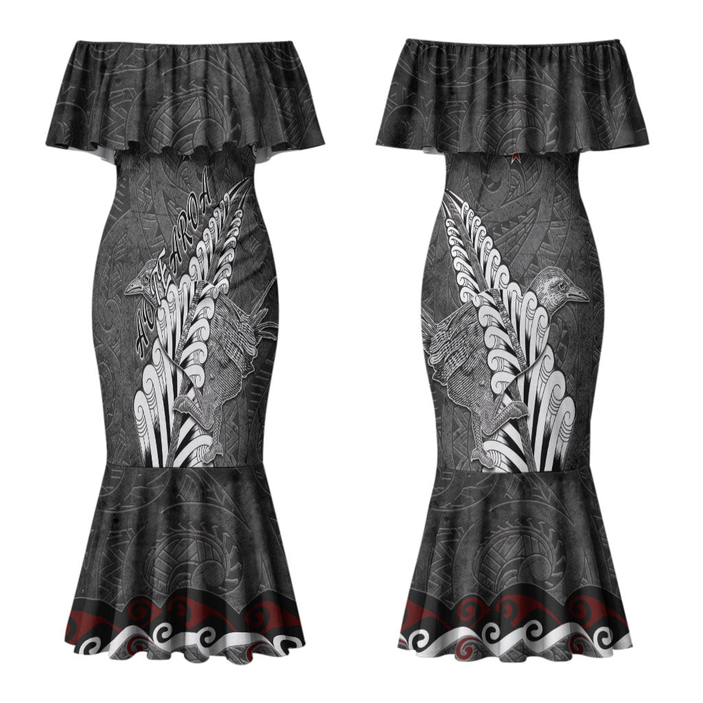 New Zealand Weka Personalised Couples Matching Mermaid Dress and Hawaiian Shirt Aotearoa Hen Silver Fern Maori Pattern LT22 - Polynesian Pride