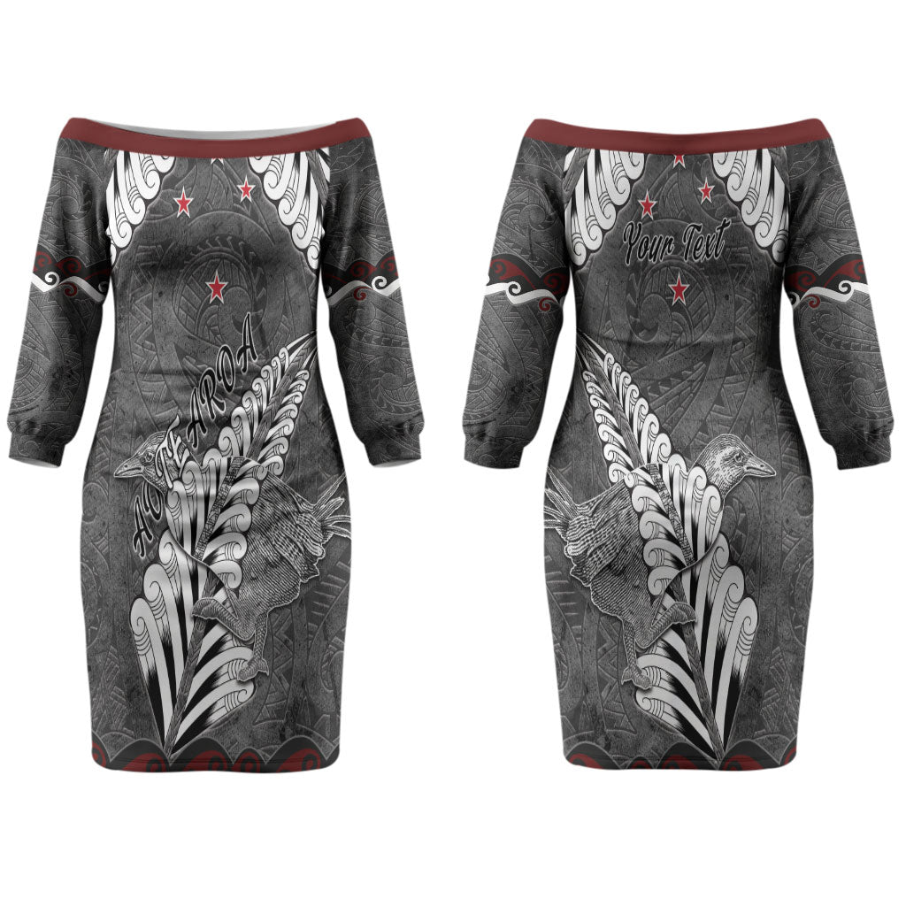 New Zealand Weka Personalised Couples Matching Off The Shoulder Long Sleeve Dress and Hawaiian Shirt Aotearoa Hen Silver Fern Maori Pattern LT22 - Polynesian Pride