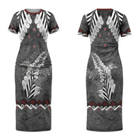 New Zealand Weka Personalised Couples Matching Short Sleeve Bodycon Dress and Hawaiian Shirt Aotearoa Hen Silver Fern Maori Pattern LT22 - Polynesian Pride