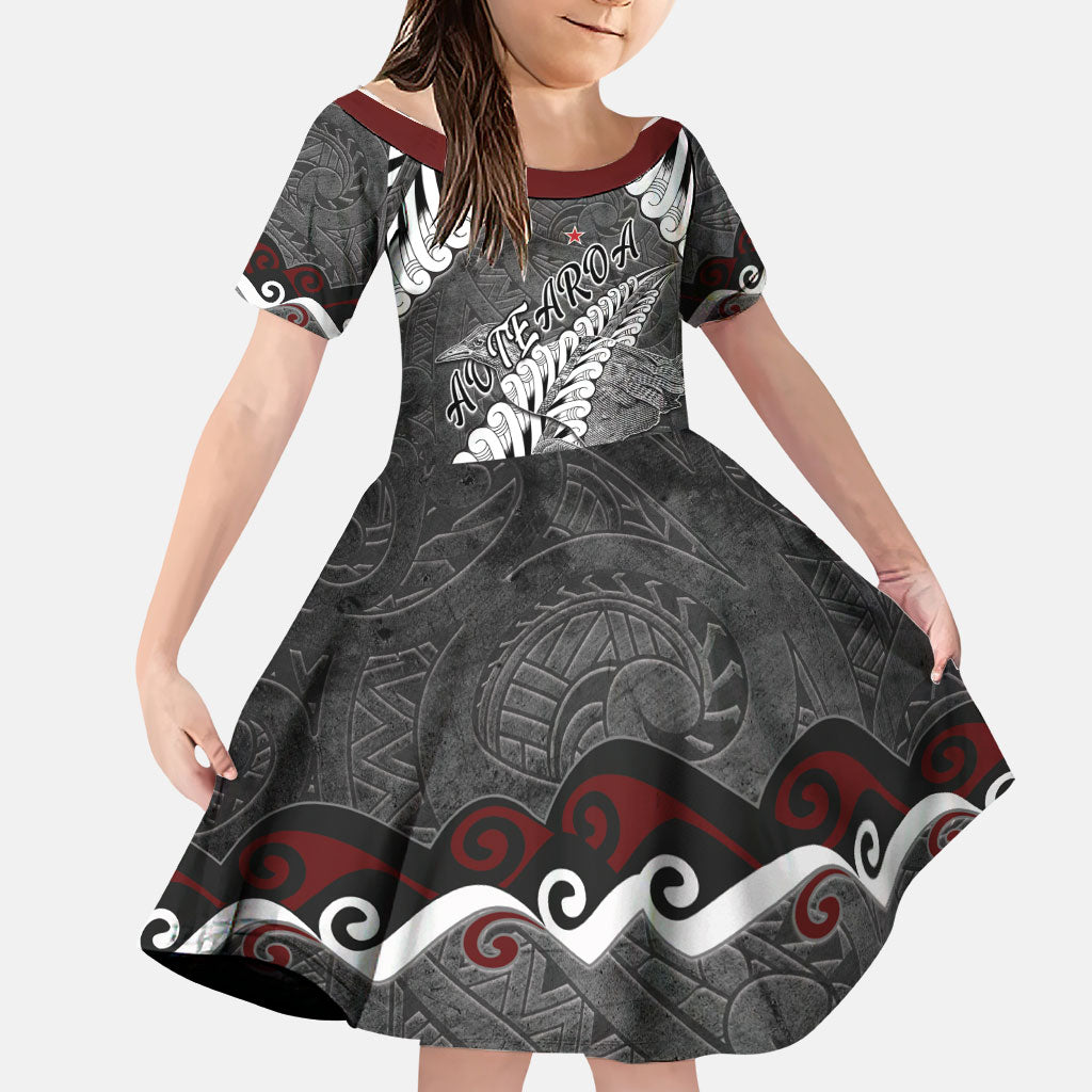 New Zealand Weka Personalised Family Matching Off The Shoulder Long Sleeve Dress and Hawaiian Shirt Aotearoa Hen Silver Fern Maori Pattern