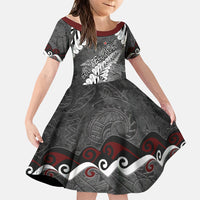 New Zealand Weka Personalised Family Matching Off The Shoulder Long Sleeve Dress and Hawaiian Shirt Aotearoa Hen Silver Fern Maori Pattern