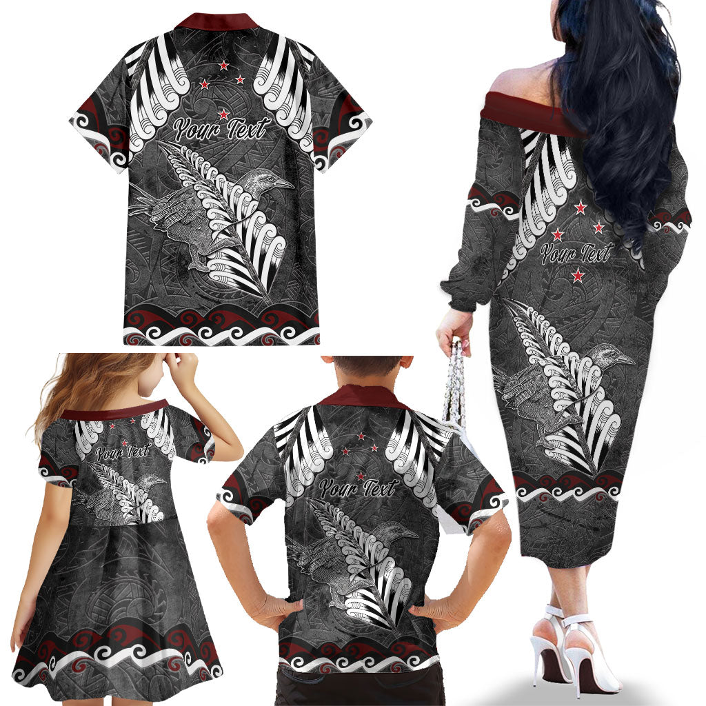 New Zealand Weka Personalised Family Matching Off The Shoulder Long Sleeve Dress and Hawaiian Shirt Aotearoa Hen Silver Fern Maori Pattern