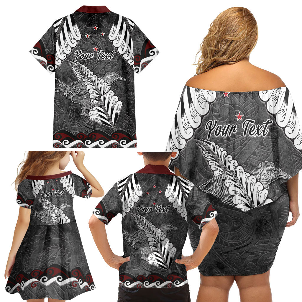 New Zealand Weka Personalised Family Matching Off Shoulder Short Dress and Hawaiian Shirt Aotearoa Hen Silver Fern Maori Pattern