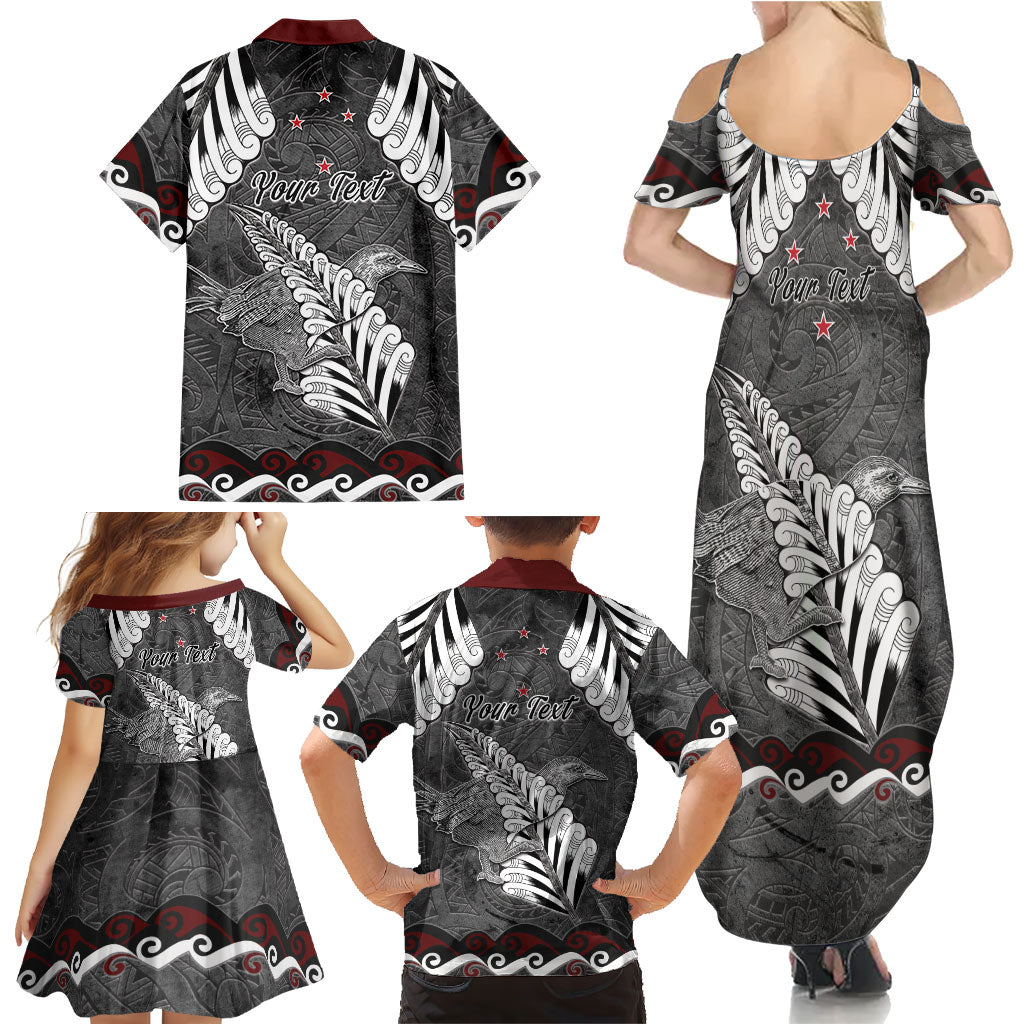 New Zealand Weka Personalised Family Matching Summer Maxi Dress and Hawaiian Shirt Aotearoa Hen Silver Fern Maori Pattern
