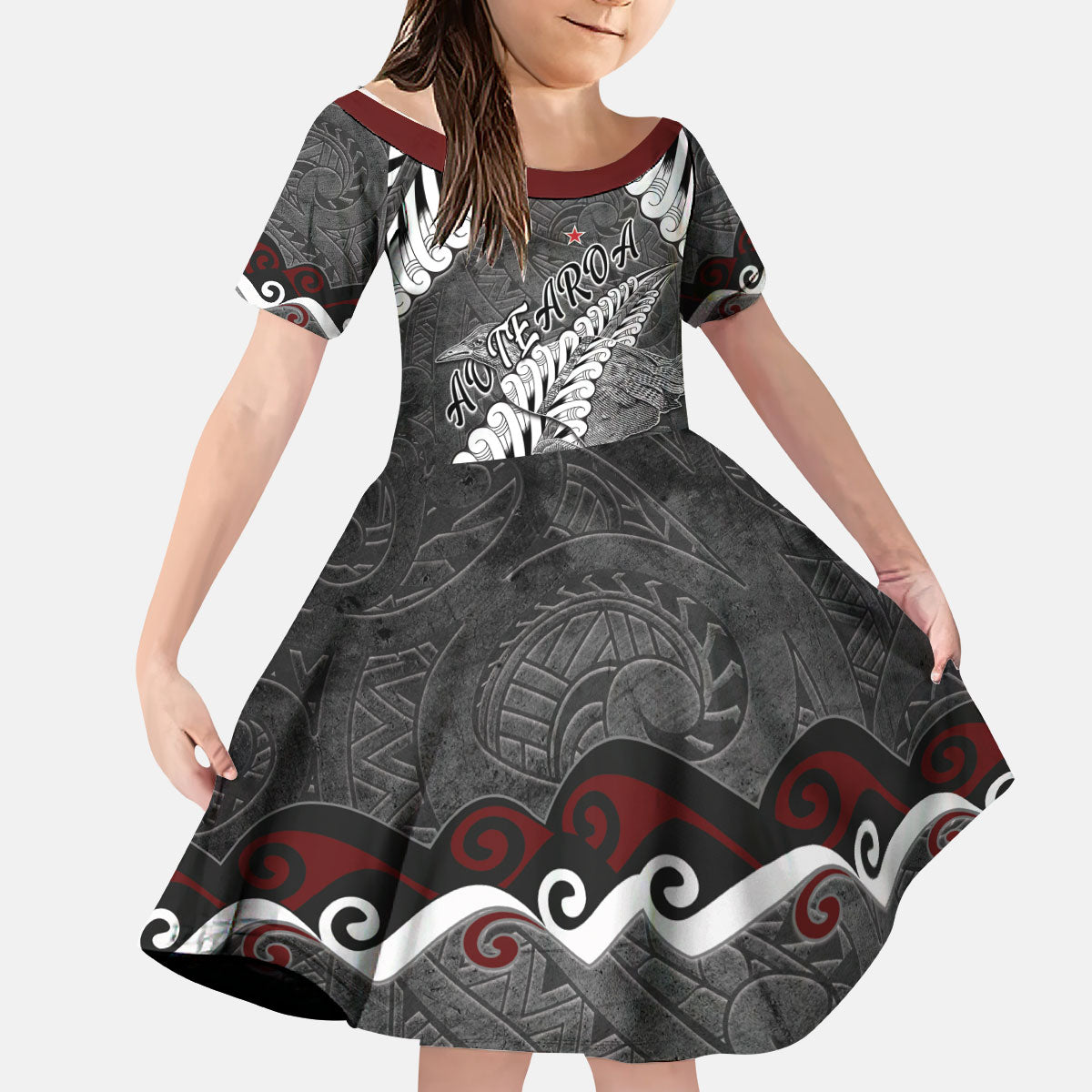 New Zealand Weka Personalised Kid Short Sleeve Dress Aotearoa Hen Silver Fern Maori Pattern