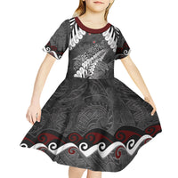 New Zealand Weka Personalised Kid Short Sleeve Dress Aotearoa Hen Silver Fern Maori Pattern