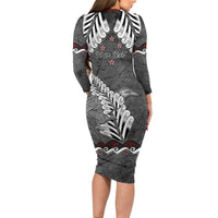 New Zealand Weka Personalised Long Sleeve Bodycon Dress Aotearoa Hen Silver Fern Maori Pattern