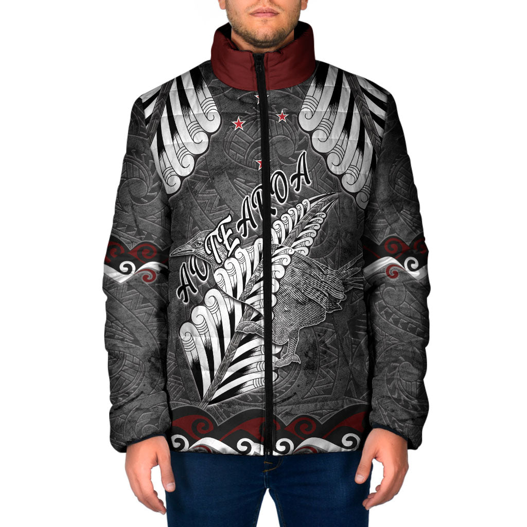 New Zealand Weka Personalised Padded Jacket Aotearoa Hen Silver Fern Maori Pattern