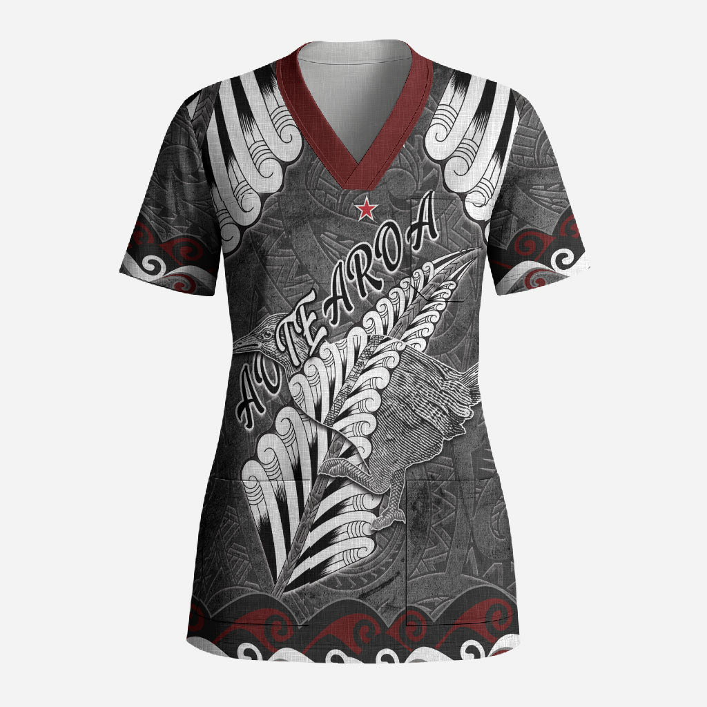 New Zealand Weka Personalised Scrub Top Aotearoa Hen Silver Fern Maori Pattern