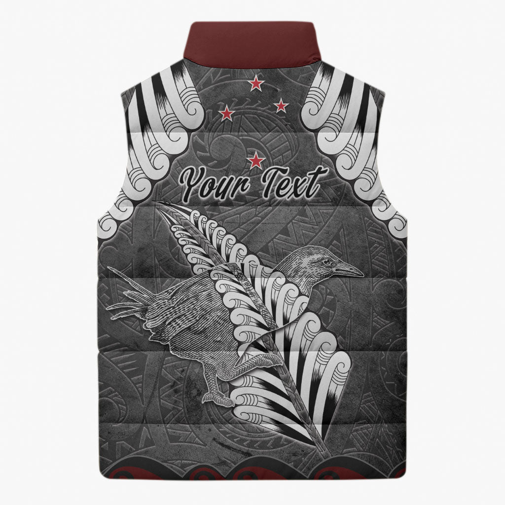 New Zealand Weka Personalised Sleeveless Puffer Jacket Aotearoa Hen Silver Fern Maori Pattern