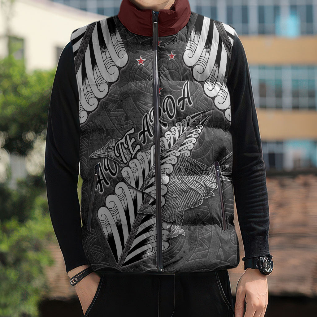New Zealand Weka Personalised Sleeveless Puffer Jacket Aotearoa Hen Silver Fern Maori Pattern