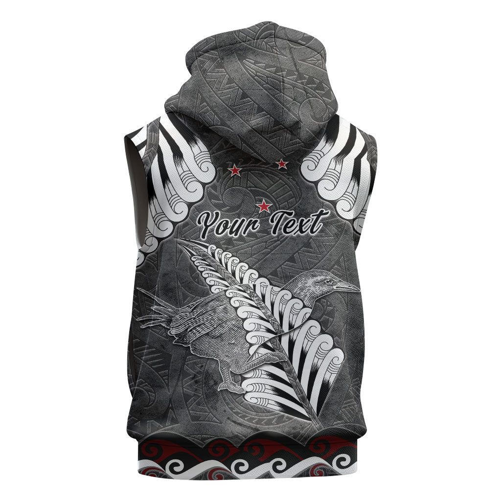 New Zealand Weka Personalised Sleeveless Zip Hoodie Aotearoa Hen Silver Fern Maori Pattern