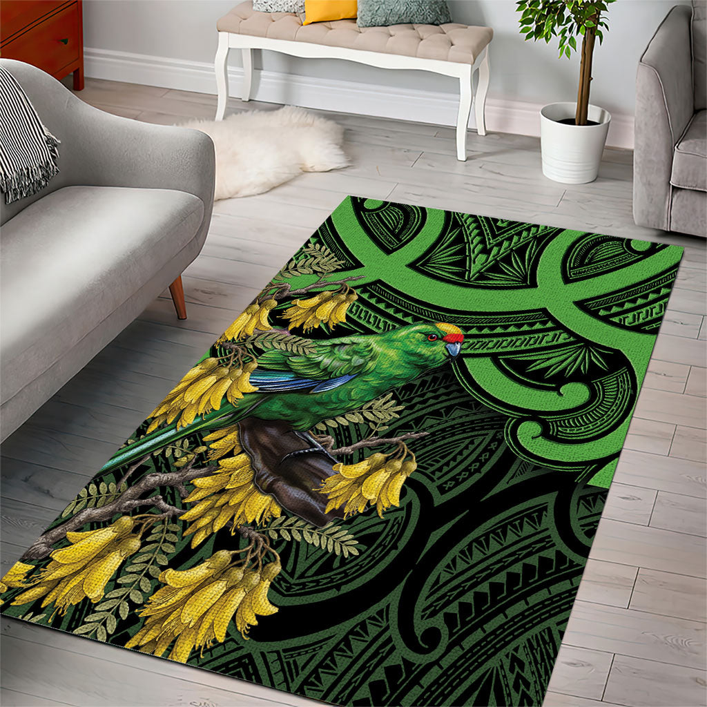 New Zealand Parakeet Bird Area Rug Maori Kakariki Kowhai Maori Pattern