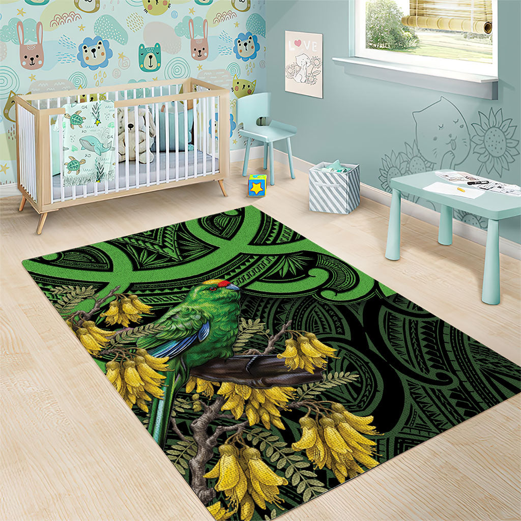 New Zealand Parakeet Bird Area Rug Maori Kakariki Kowhai Maori Pattern