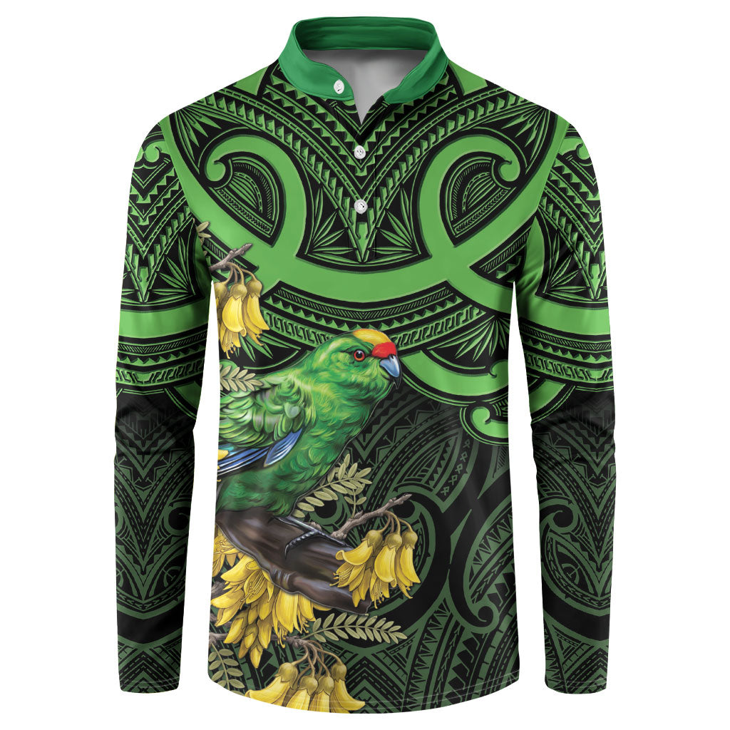 New Zealand Parakeet Bird Button Sweatshirt Maori Kakariki Kowhai Maori Pattern LT22 Green - Polynesian Pride