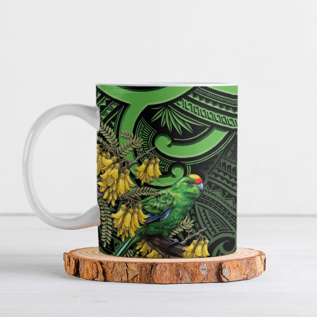 New Zealand Parakeet Bird Ceramic Mug Maori Kakariki Kowhai Maori Pattern