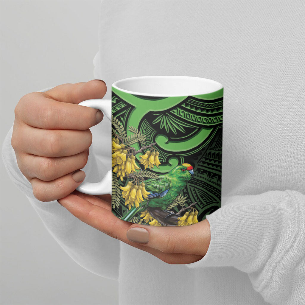 New Zealand Parakeet Bird Ceramic Mug Maori Kakariki Kowhai Maori Pattern