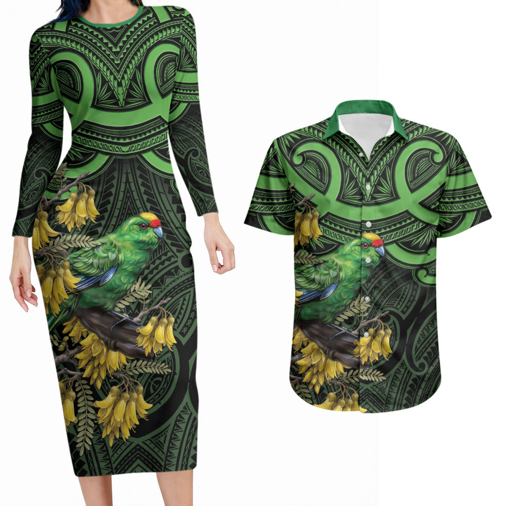 New Zealand Parakeet Bird Couples Matching Long Sleeve Bodycon Dress and Hawaiian Shirt Maori Kakariki Kowhai Maori Pattern