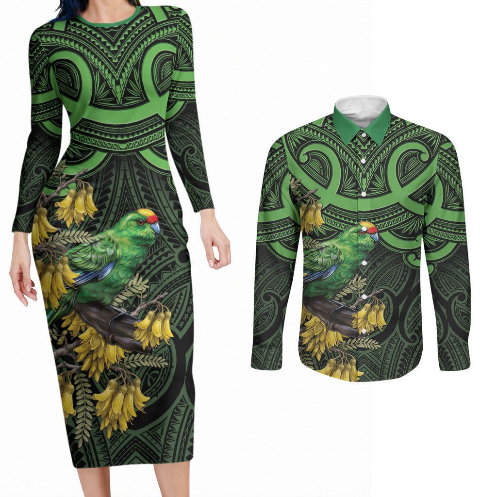 New Zealand Parakeet Bird Couples Matching Long Sleeve Bodycon Dress and Long Sleeve Button Shirt Maori Kakariki Kowhai Maori Pattern LT22 Green - Polynesian Pride