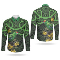 New Zealand Parakeet Bird Couples Matching Long Sleeve Bodycon Dress and Long Sleeve Button Shirt Maori Kakariki Kowhai Maori Pattern