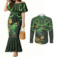 New Zealand Parakeet Bird Couples Matching Mermaid Dress and Long Sleeve Button Shirt Maori Kakariki Kowhai Maori Pattern