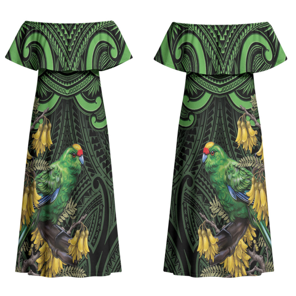 New Zealand Parakeet Bird Couples Matching Off Shoulder Maxi Dress and Hawaiian Shirt Maori Kakariki Kowhai Maori Pattern