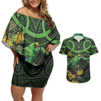 New Zealand Parakeet Bird Couples Matching Off Shoulder Short Dress and Hawaiian Shirt Maori Kakariki Kowhai Maori Pattern