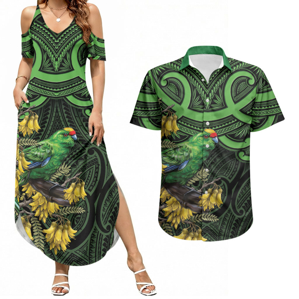 New Zealand Parakeet Bird Couples Matching Summer Maxi Dress and Hawaiian Shirt Maori Kakariki Kowhai Maori Pattern