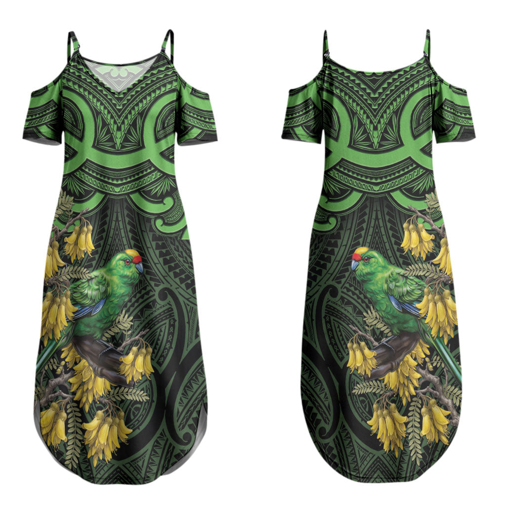 New Zealand Parakeet Bird Couples Matching Summer Maxi Dress and Long Sleeve Button Shirt Maori Kakariki Kowhai Maori Pattern