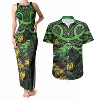 New Zealand Parakeet Bird Couples Matching Tank Maxi Dress and Hawaiian Shirt Maori Kakariki Kowhai Maori Pattern