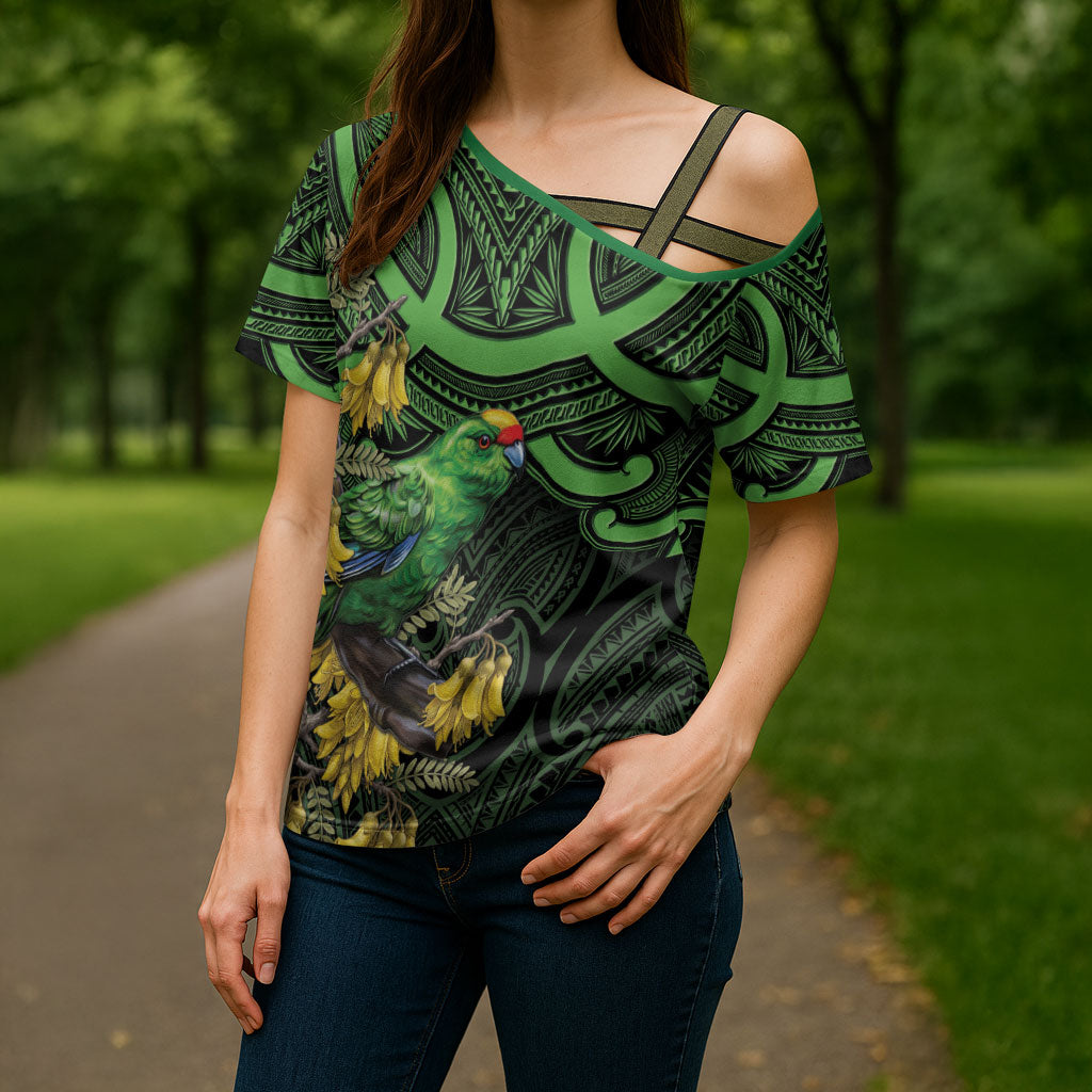 New Zealand Parakeet Bird Cross Shoulder Shirt Maori Kakariki Kowhai Maori Pattern