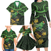 New Zealand Parakeet Bird Family Matching Long Sleeve Bodycon Dress and Hawaiian Shirt Maori Kakariki Kowhai Maori Pattern