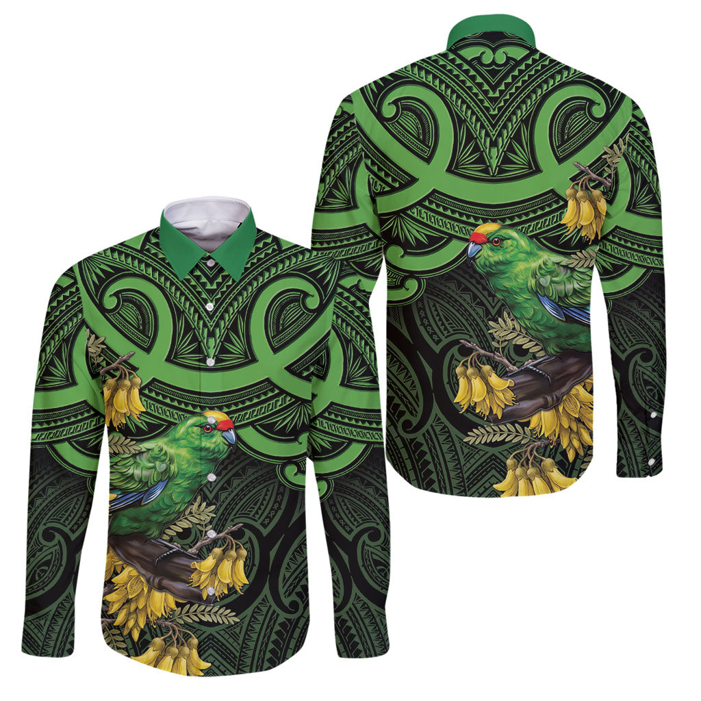 New Zealand Parakeet Bird Family Matching Long Sleeve Bodycon Dress and Hawaiian Shirt Maori Kakariki Kowhai Maori Pattern