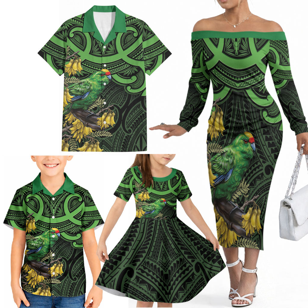 New Zealand Parakeet Bird Family Matching Off The Shoulder Long Sleeve Dress and Hawaiian Shirt Maori Kakariki Kowhai Maori Pattern