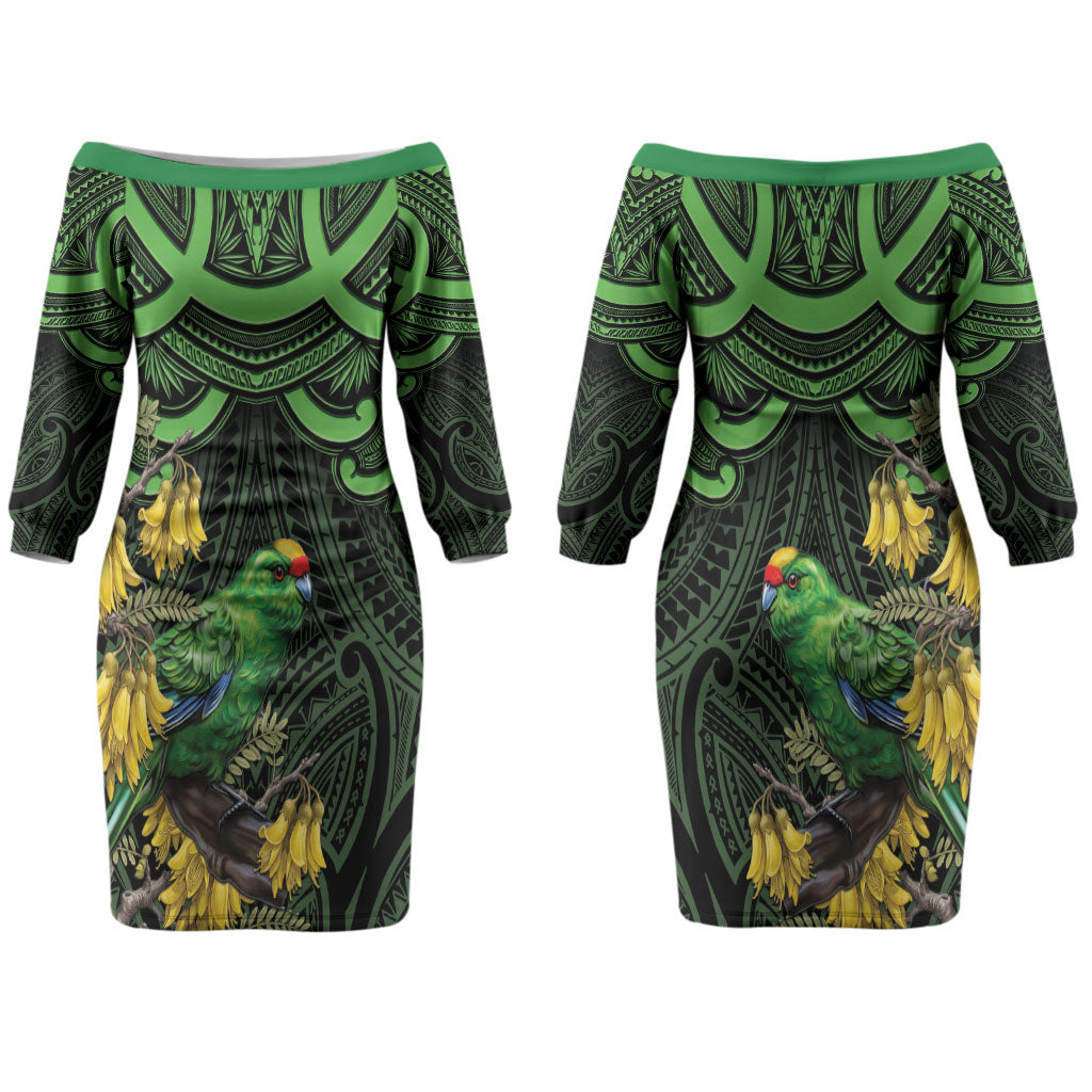 New Zealand Parakeet Bird Family Matching Off The Shoulder Long Sleeve Dress and Hawaiian Shirt Maori Kakariki Kowhai Maori Pattern
