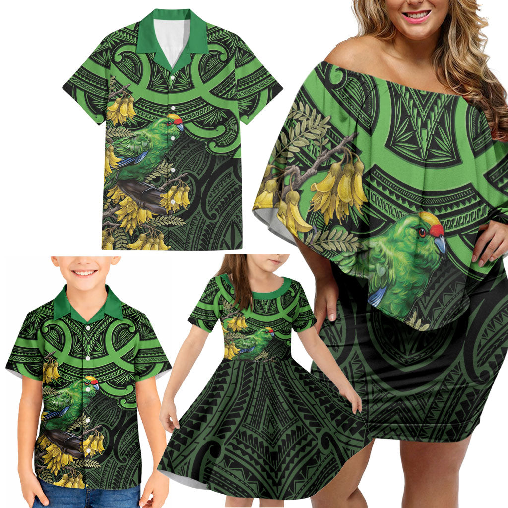 New Zealand Parakeet Bird Family Matching Off Shoulder Short Dress and Hawaiian Shirt Maori Kakariki Kowhai Maori Pattern