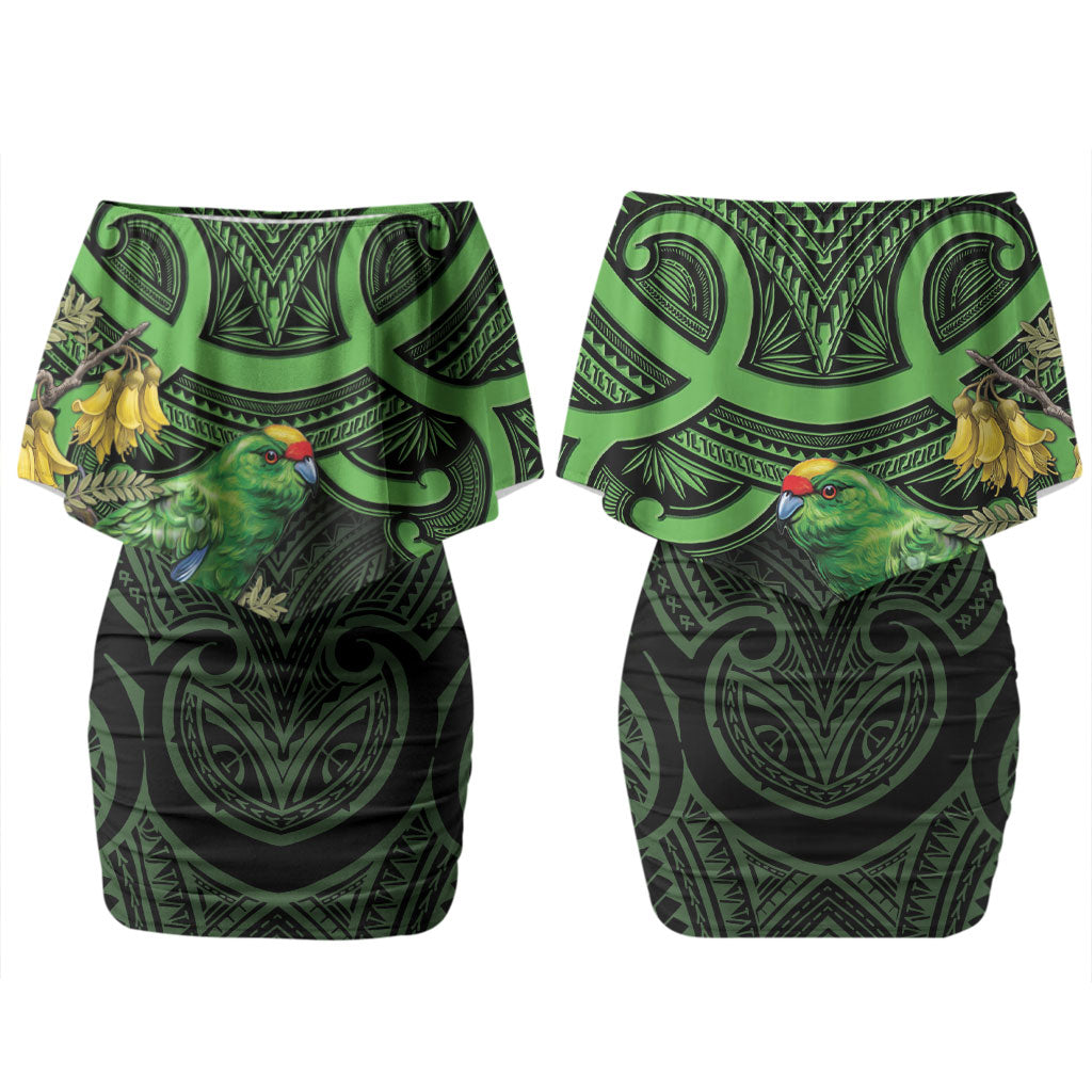 New Zealand Parakeet Bird Family Matching Off Shoulder Short Dress and Hawaiian Shirt Maori Kakariki Kowhai Maori Pattern