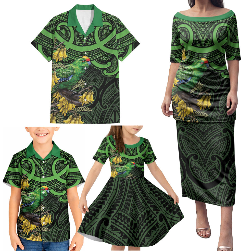 New Zealand Parakeet Bird Family Matching Puletasi and Hawaiian Shirt Maori Kakariki Kowhai Maori Pattern LT22 - Polynesian Pride