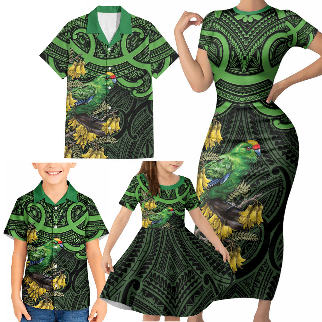 New Zealand Parakeet Bird Family Matching Short Sleeve Bodycon Dress and Hawaiian Shirt Maori Kakariki Kowhai Maori Pattern