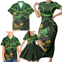 New Zealand Parakeet Bird Family Matching Short Sleeve Bodycon Dress and Hawaiian Shirt Maori Kakariki Kowhai Maori Pattern