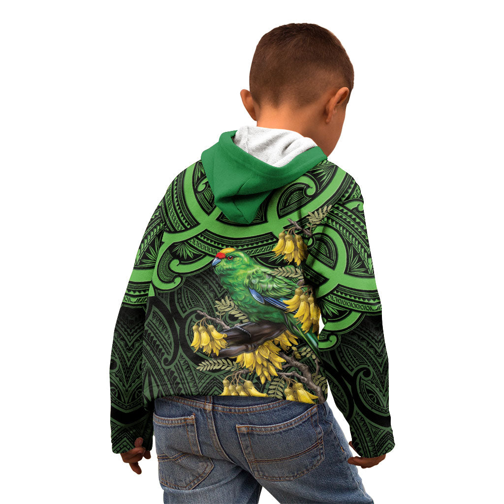 New Zealand Parakeet Bird Kid Hoodie Maori Kakariki Kowhai Maori Pattern