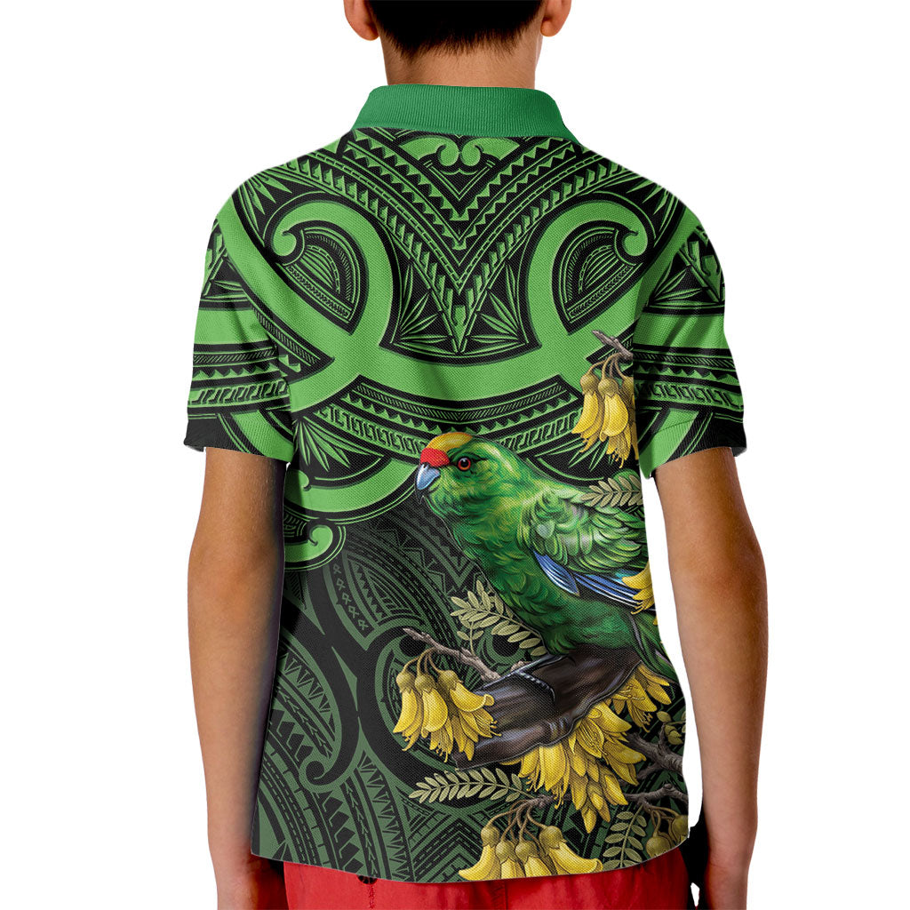 New Zealand Parakeet Bird Kid Polo Shirt Maori Kakariki Kowhai Maori Pattern