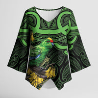 New Zealand Parakeet Bird Kimono Sleeve Blouse Maori Kakariki Kowhai Maori Pattern