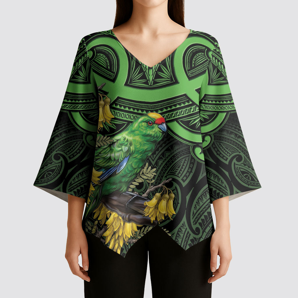 New Zealand Parakeet Bird Kimono Sleeve Blouse Maori Kakariki Kowhai Maori Pattern